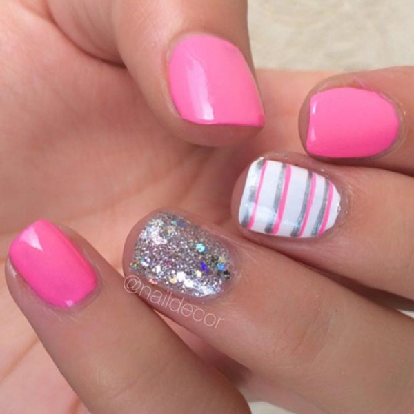 Pink-and-Sparkly-Silver-Nail-Design-for-Short-Nails